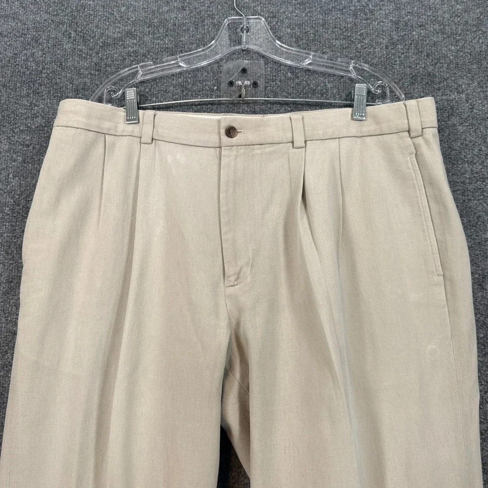 Brooks Brothers Elliot Pants Men 40x30 Beige Pleated Cuffed Italian Cotton Twill